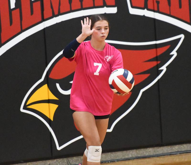 Stillman Valley's Joslyn Nanni prepares to serve against Fulton at the Stillman Valley Tournament on Saturday, Oct. 25, 2025 at Stillman Valley High School.