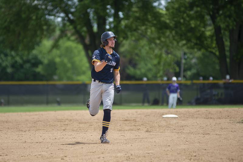 Sterling’s Blake Nettleton celebrates a two-run homer against Dixon on Saturday, May 28, 2022 to put the Warriors up 3-1.