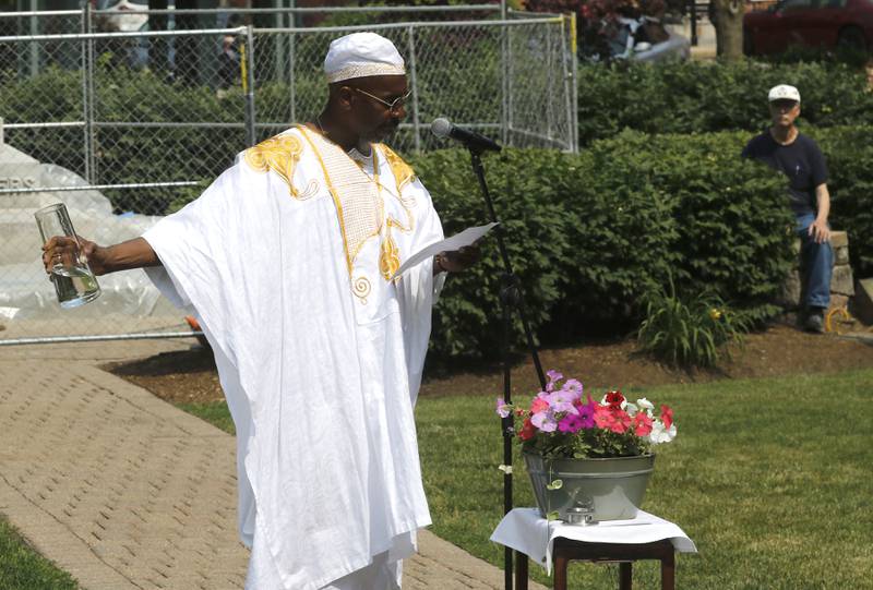 Pastor Norval Brown of the Cary United Methodist Church opens McHenry County’s first Juneteenth celebration with a ceremony on Saturday, June 17, 2023, at the Historic Woodstock Square. The Juneteenth festival featured McHenry County College graduate Rodney Katushabe and Pastor Norval Brown of the Cary United Methodist Church, along with music from gospel singer Darlene Benton and jazz musician Ken Davis.