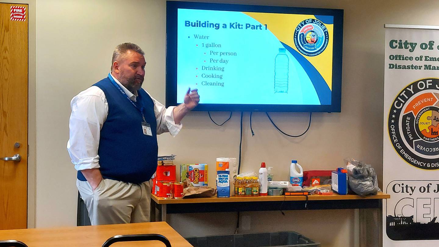John Lukancic, director of the Office of Emergency & Disaster Management for the city of Joliet, speaks at a workshop held by the city to help educate residents on ways they can better prepare for emergencies, disasters and catastrophic events on Jan. 22. 2025.