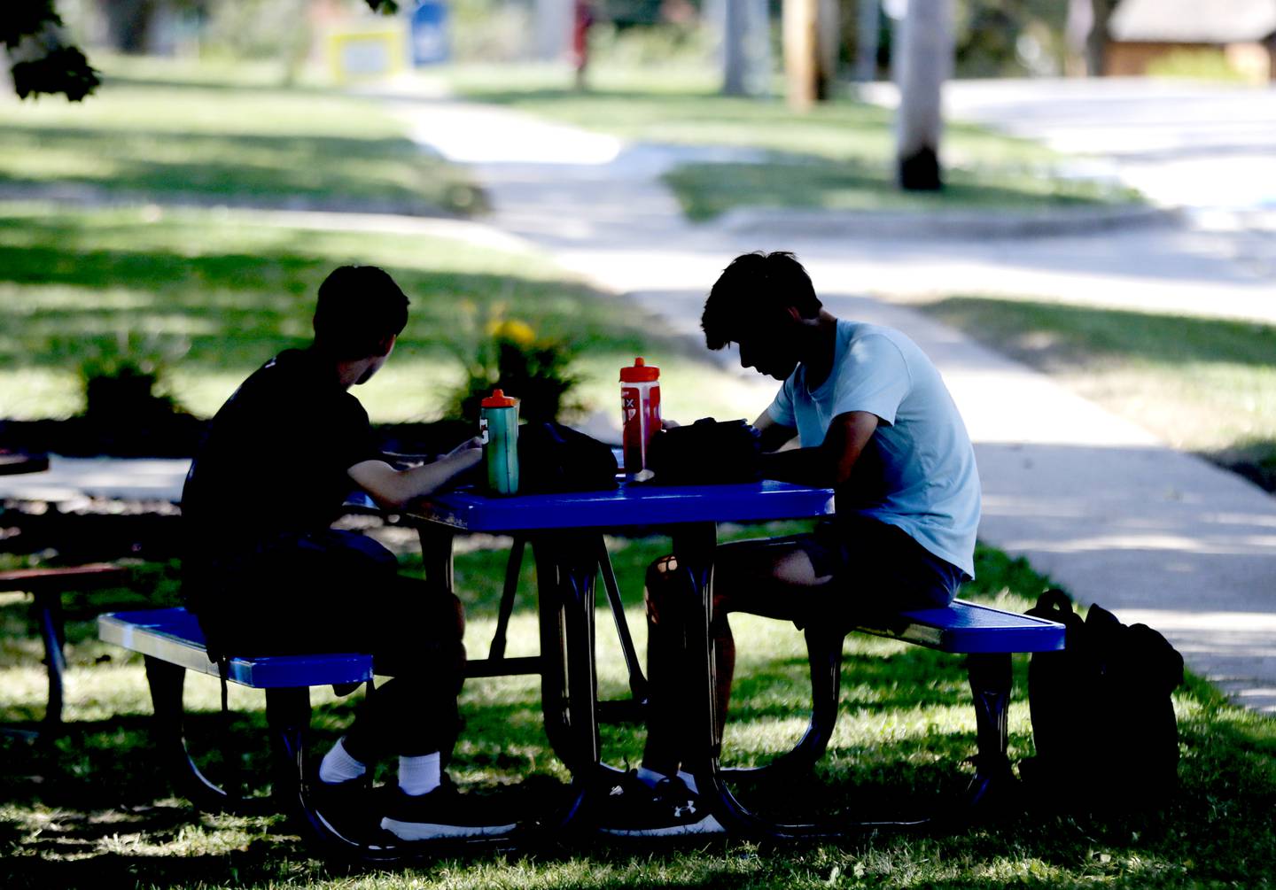 Woodstock High School students look at their cell phones as they eat lunch outside the high school in Woodstock.