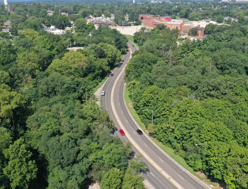 An aerial view of U.S. Route 6 curves on Friday, Aug. 15, 2025 in Spring Valley. The curves section yields the highest crashes in the City of Spring Valley..