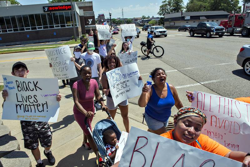 Led by Dixon Police Officers on bicycles, an estimated 110 mostly young protesters marched peacefully from John Dixon Park to the Dixon arch and back to make known their frustrations on the systematic treatment of black individuals by the police. Nationwide violence and worldwide protests have erupted after George Floyd was asphyxiated by a Minneapolis police officer.