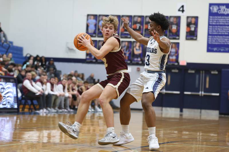 Morris’ Caden Medler works for a shot against Plainfield South on Wednesday, Jan. 28, 2026 in Plainfield.