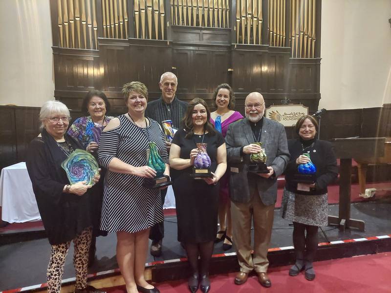 OmniHonors Awards Celebration winners Thursday, Feb. 1, 2024, were (from left) Susan Burton, lifetime achievement; Julia Mautino Messina for NCI ARTworks, community impact; Julie Jenkins, arts educator; Rick Brooks, arts advocate; Stephanie Benson, arts advocate; Kate Tombaugh, individual artist; and Rex and Christine Benson, arts advocates.