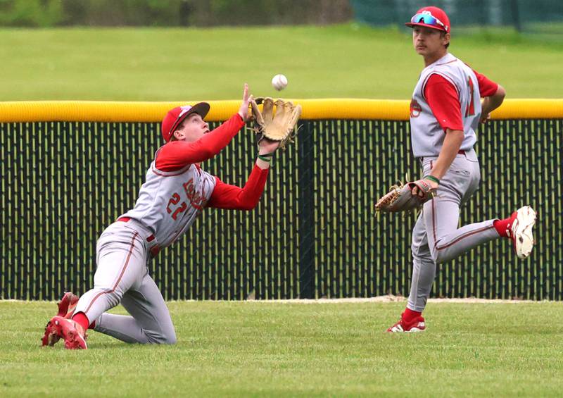 LaSalle-Peru's Ceyton Urbanski tries to make a diving catch Tuesday, May 12, 2026, during their game at Kaneland High School in Maple Park.