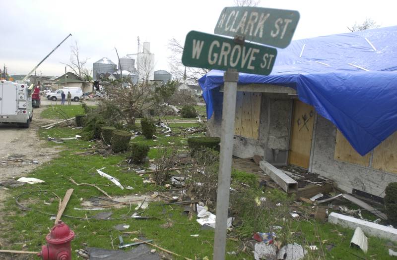 A view of the tornado damage from Clark and Grove streets on Wednesday, April 21, 2004 in Utica.