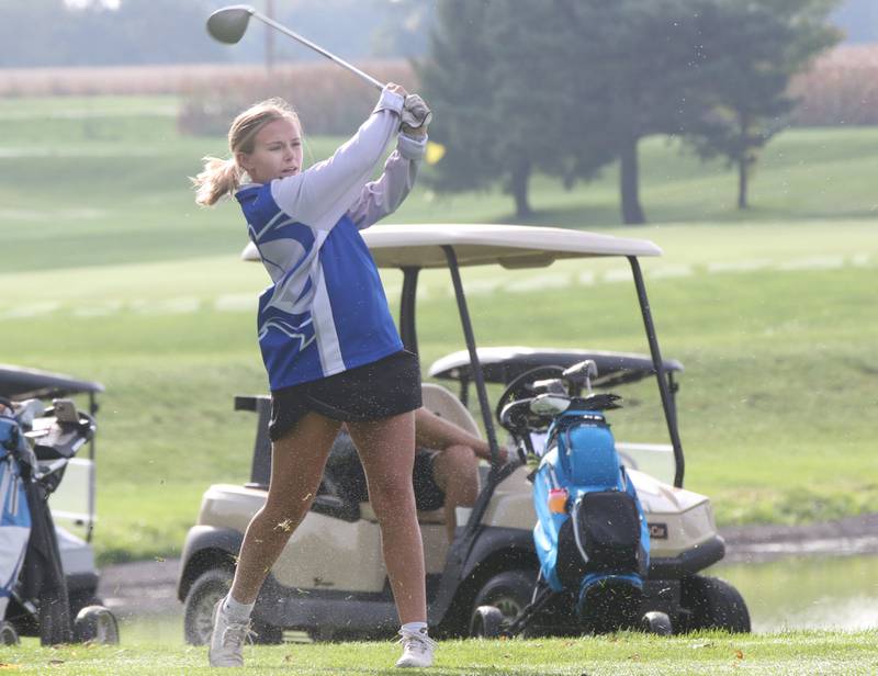 Princeton's Adeline Hecht tees off during the Class 1A Regional golf meet on Thursday, Sept. 28, 2023 at Spring Creek Golf Course in Spring Valley.