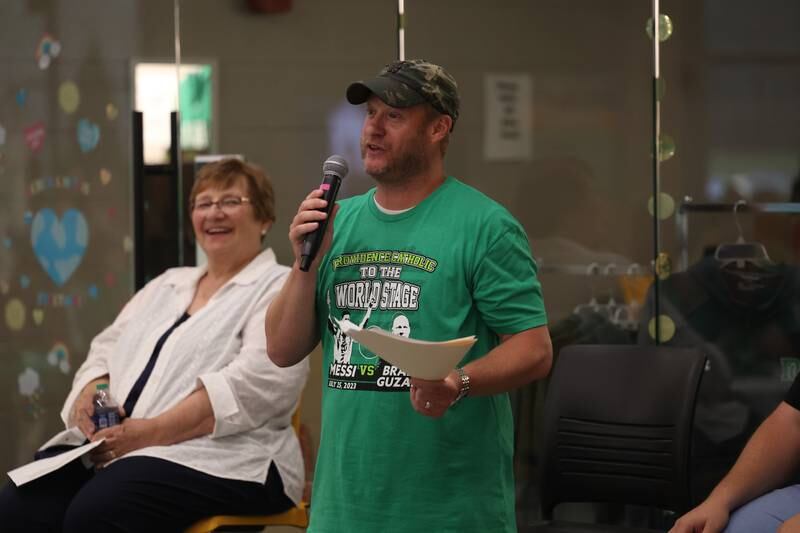 Brad Guzan’s former coach John Kovatch shares about Guzan at the Providence Catholic Brad Guzan watch party on Tuesday, July 25 in New Lenox. Guzan is a Providence Catholic alumnus who plays goalie for MLS’ Atlanta United FC.