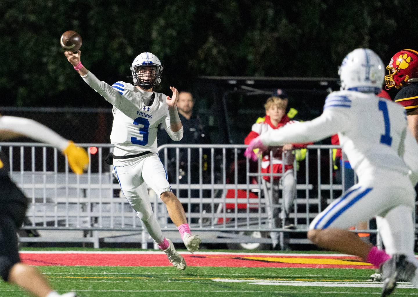 Geneva’s Nate Stempowski (3) throws a pass against Batavia during a football game at Batavia High School on Friday, Oct 7, 2022.