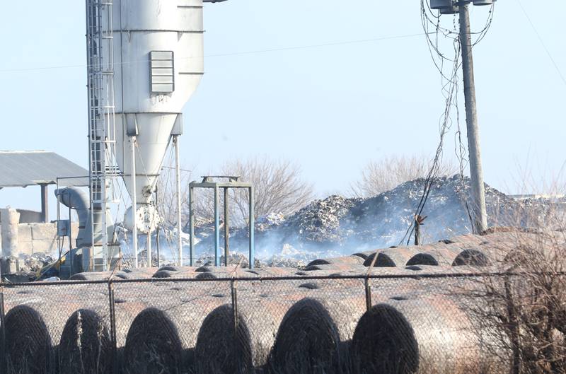 Smoke still smolders on the site of the LSC Environmental Products (formally Phoenix Paper Products) on Monday, Feb. 5, 2024 near Lostant. This comes two-weeks after a massive three-alarm fire destroyed the business. Lostant Fire Department has been out to the site several times since the fire for rekindles.