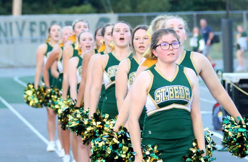 St. Bede cheerleaders perform a routine on Friday, Aug. 25, 2023 at Tucci Stadium  in Bloomington.
