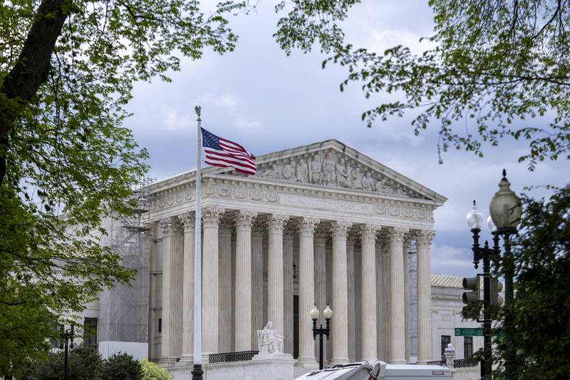 Supreme Court is seen as the justices prepare to hear arguments over whether Donald Trump is immune from prosecution in a case charging him with plotting to overturn the results of the 2020 presidential election, on Capitol Hill in Washington, Thursday, April 25, 2024. (AP Photo/J. Scott Applewhite)