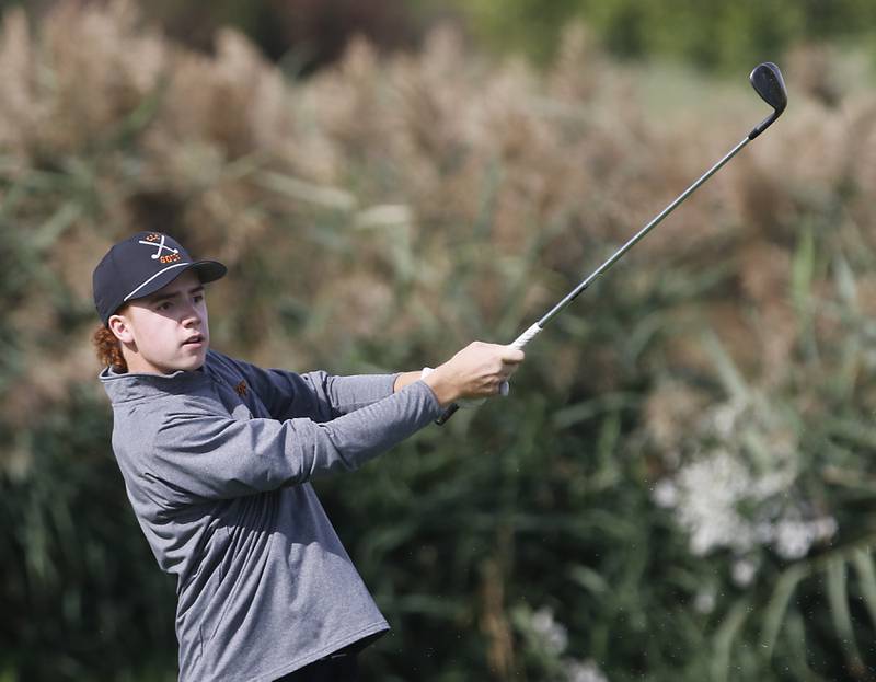 Crystal Lake Central’s Tommy Laird watches his fairway shot on the seventh hole during the IHSA Class 2A Crystal Lake South Boys Golf Regional on Wednesday, Oct. 1, 2025 at RedTail Golf Club in Lakewood.