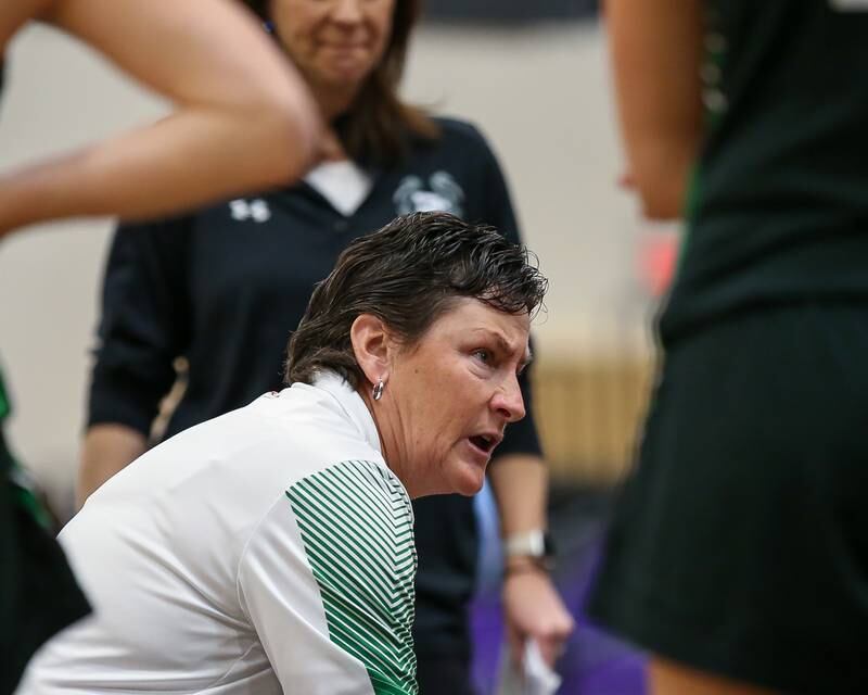 Providence's head coach Eileen Copenhaver instructs the team during a timeout in the WJOL Tournament Championship game. Nov 18, 2023.