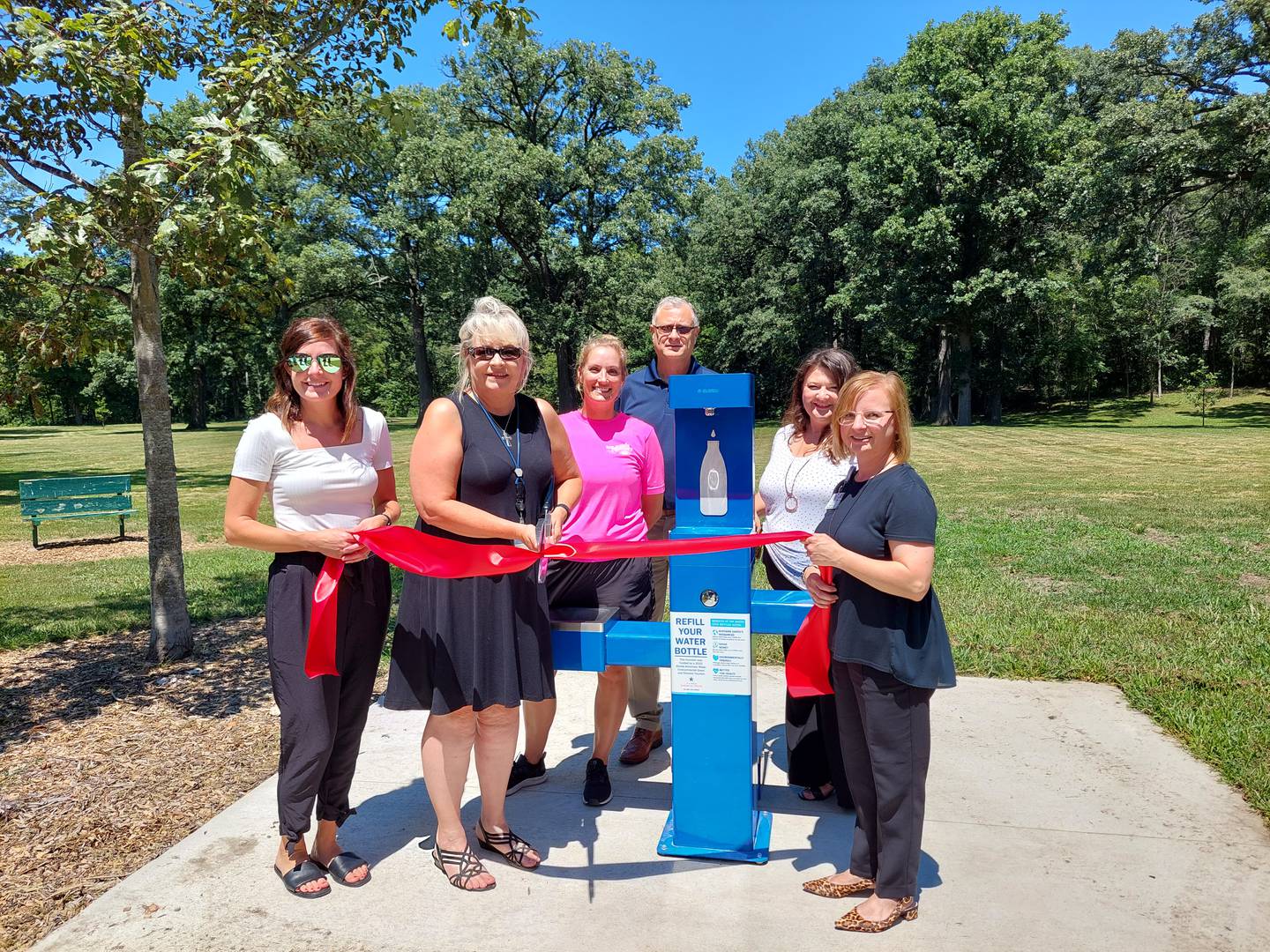 The Streator Area Chamber of Commerce led a ribbon cutting Thursday, July 27, 2023, for the new bi-level drinking fountains at Marilla Park.