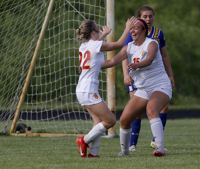 Richmond-Burton's Abigail Leslie celebrates her goal with her teammate, Brianna Maldonado, during the IHSA Class 1A Marian Central Sectional Championship match against Johnsburg on Tuesday, May 21, 2024, at Marian Central High School.