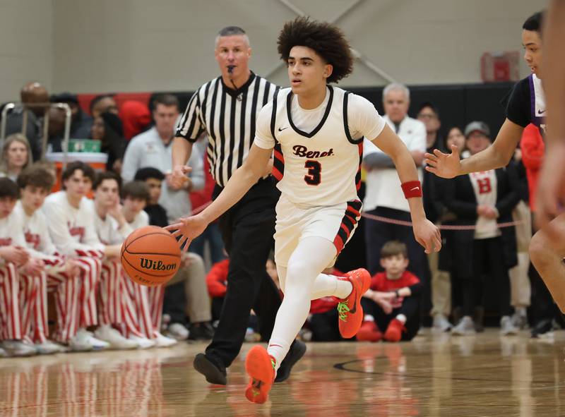Benet’s Jayden Wright (3) brings the ball up court against Thorton during the When Sides Collide Shootout on Saturday, Jan. 20, 2024 in Lisle, IL.