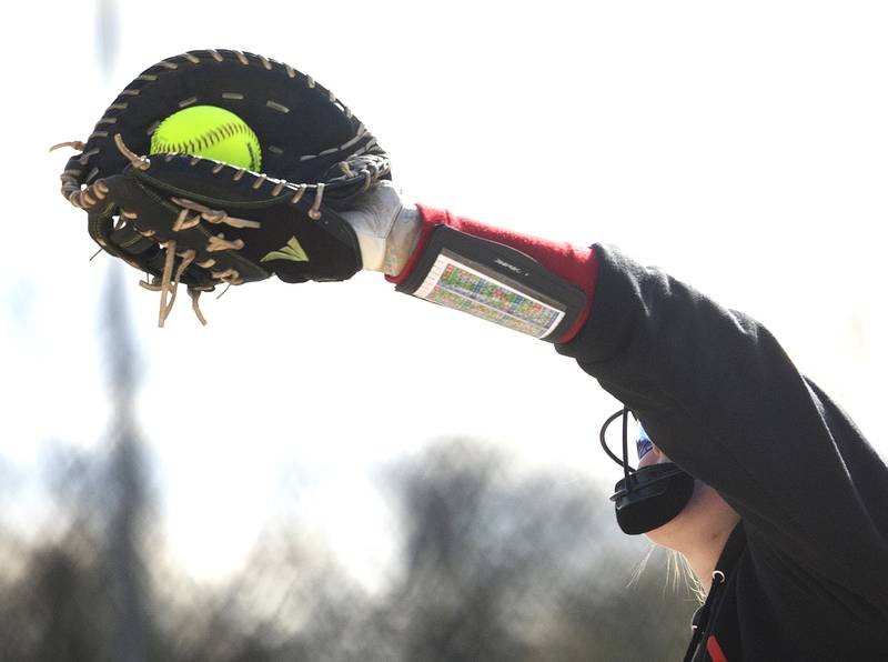 Hall’s Ella Sterling snags a pop-up for an out against Newman Monday, April, 21, 2025.