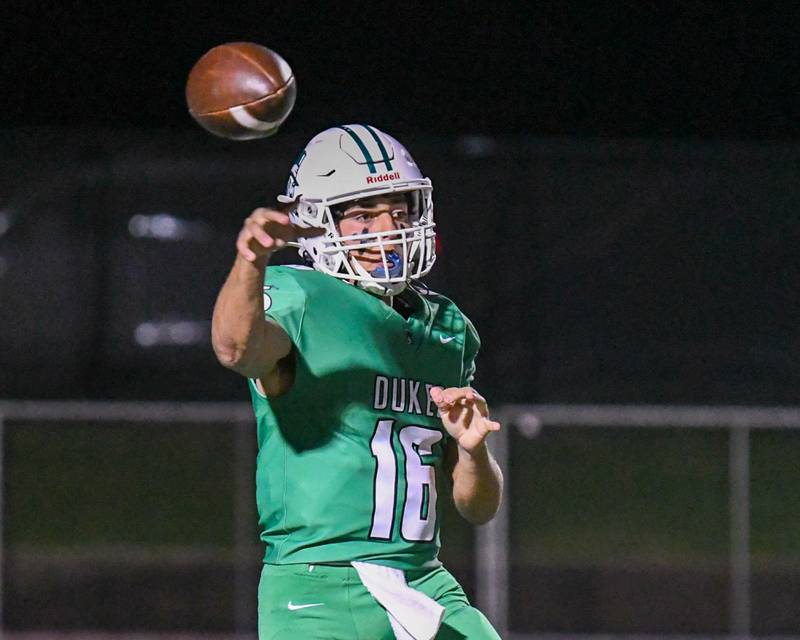 York's Zack Assaad (16) passes the ball during the game on Friday Oct. 17, 2025, while taking on Glenbard West held at York High School.