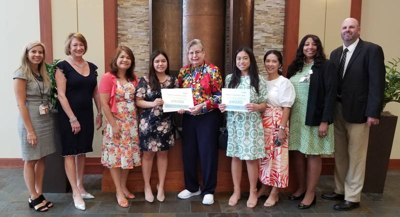 (From left) Susan Tyburski, executive director, EMH Foundation; Valerie Cahill, scholarship committee chair; Lelizza Atilano, Gillian Atilano, Shirley Myers, Mikaela Orbe, Cheryl Orbe; Dr. Kim Darey, president, Elmhurst Hospital and Paul Myers. The Edward Elmhurst Health Foundation awarded $5,000 Myers Scholarships to Gillian Atilano, of St. Charles, and Mikaela Orbe of Elk Grove Village.