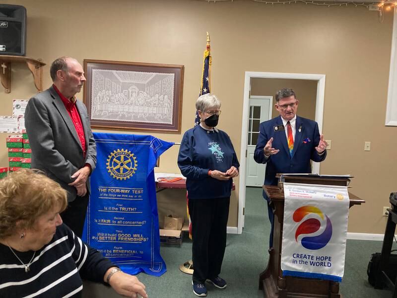 Rock Falls Rotarian Gail Wright (center) is awarded the Paul Harris Fellow award +3 by Rotary Governor David Emerick (right) while Rock Falls Rotary President Bob Sondgeroth (left) watches. This award denotes a total of $4,000 donated by Wright to the Rotary Foundation for worldwide service to those in need. Paul Harris was the founder of Rotary as the first service club in the world.