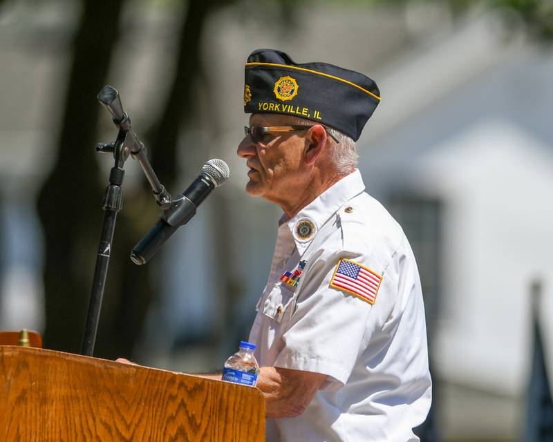 Sargent Norm Meier shares a few stories during the Memorial Day event on Monday May 25, 2026, held at Town Square Park in Yorkville.