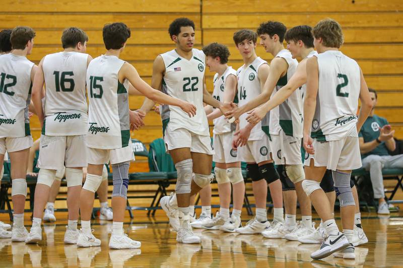 Glenbard West's Xzavion Willett (22) is introduced before their volleyball match versus Downers Grove North.  April 2, 2024.