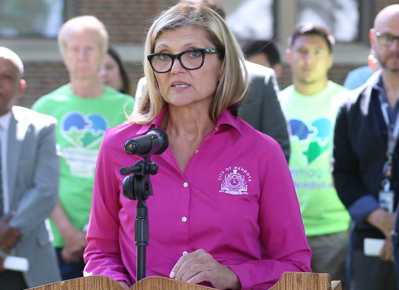 Emily McConville City Clerk of Mendota, speaks outside of Lincoln Elementary School on Thursday, May 30, 2024 in Mendota. Illinois Transportation awarded Mendota for new sidewalks that help students more opportunities to walk, bike and roll as part of the Safe Routes to School Program.