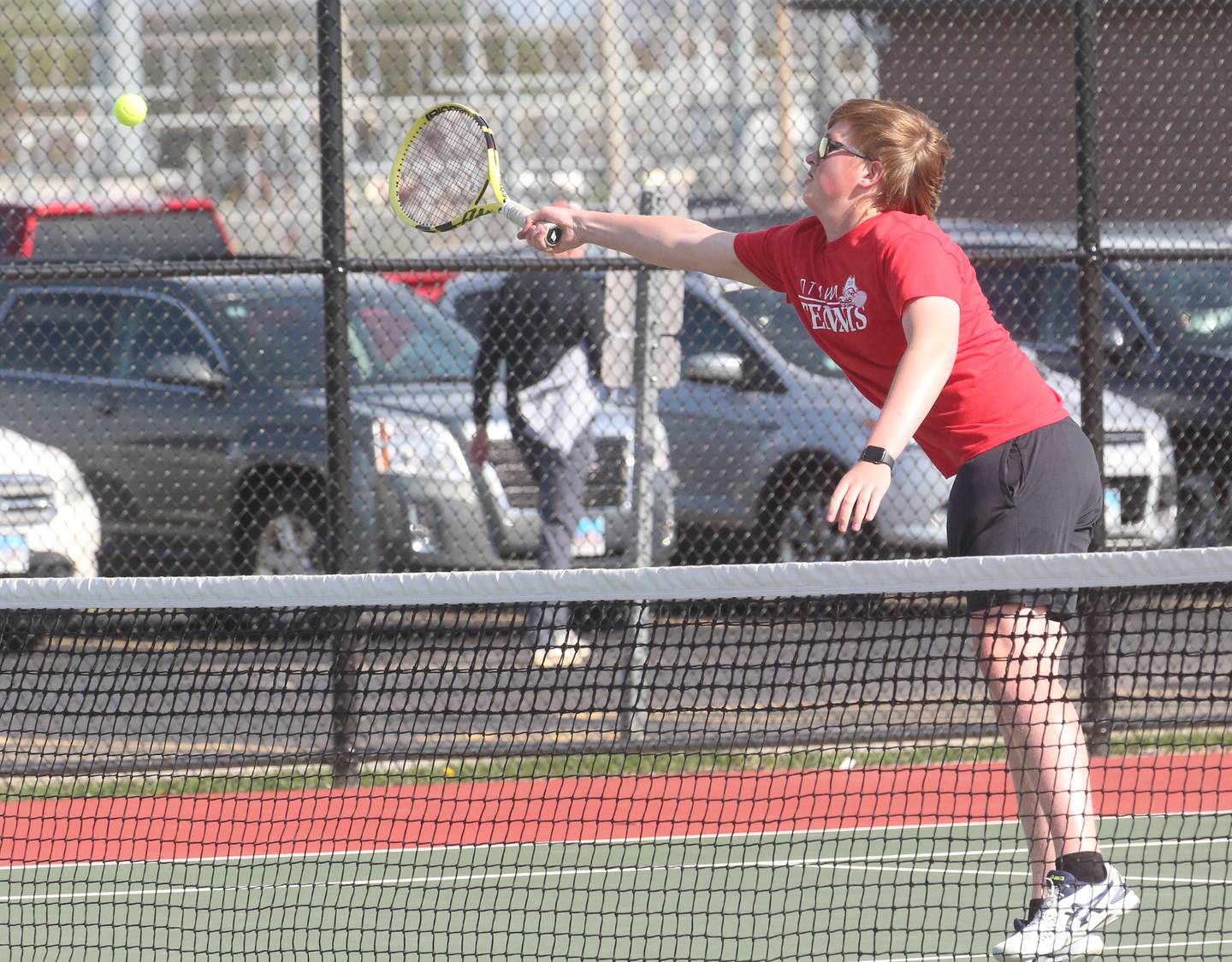 Ottawa's Tucker Ditchfield returns a serve from L-P on Tuesday, April 22, 2025 at the L-P Athletic Complex in La Salle.