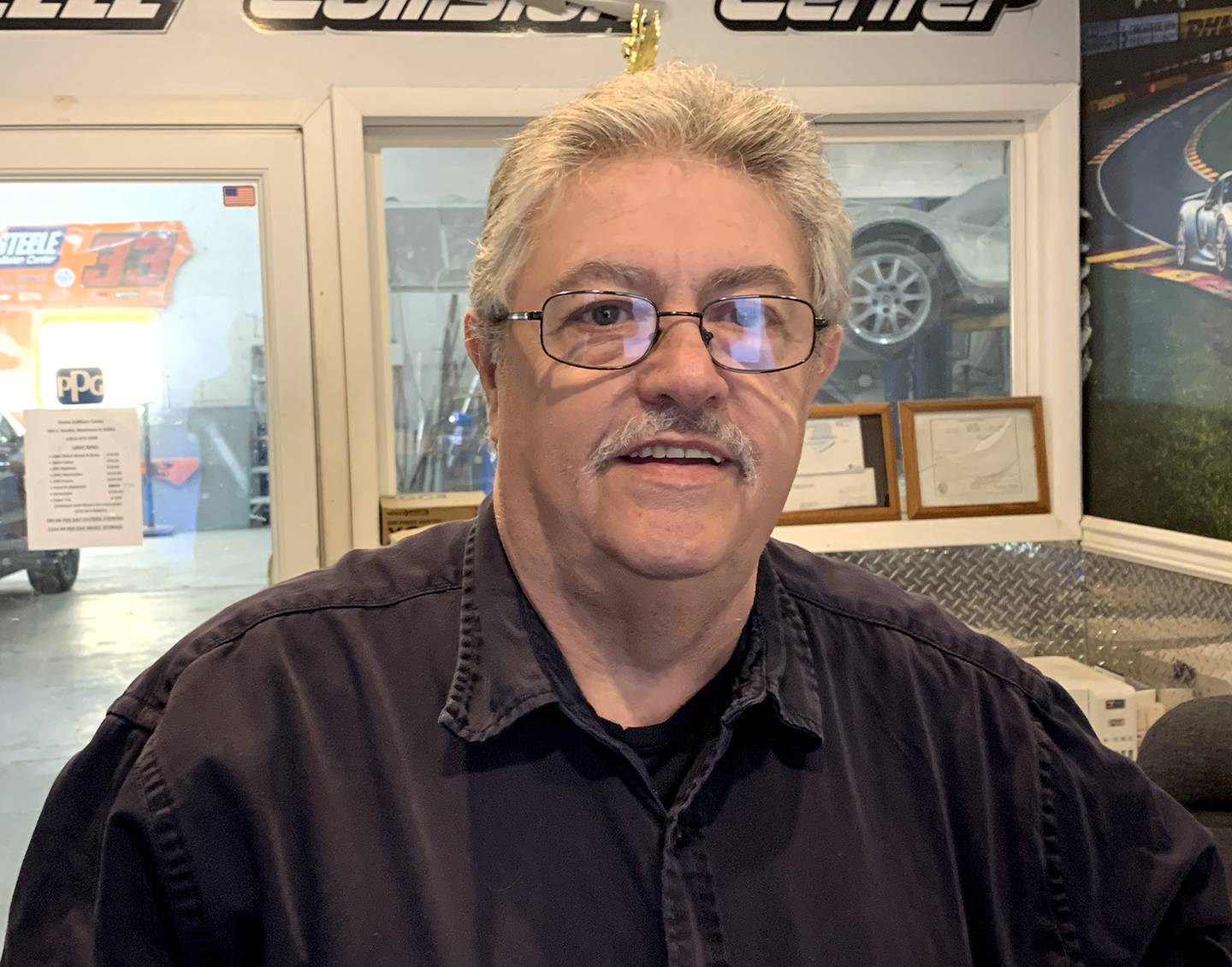 Momence Mayor Chuck Steele at his Momence business, Steele Collision, on Oct. 14, 2025.