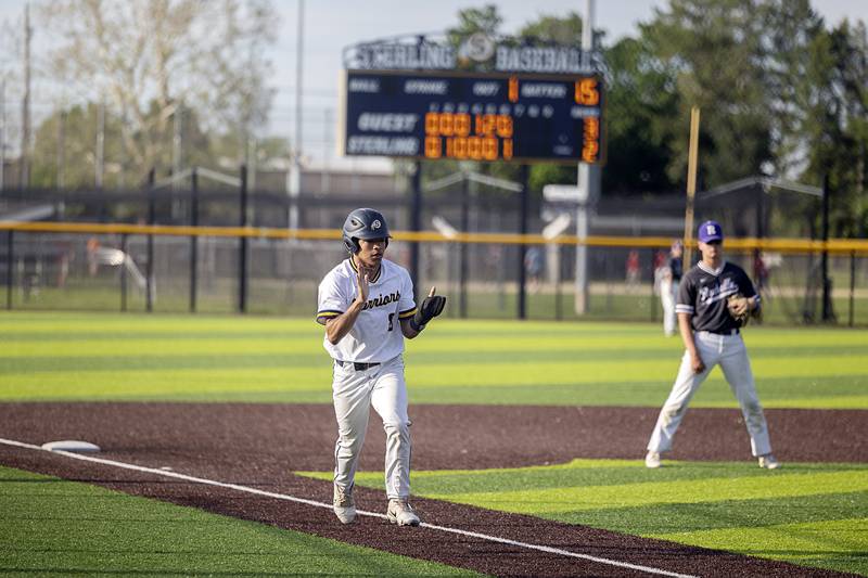 Sterling’s Tatum Allen celebrates scoring the tying run against Rochelle Monday, May 20, 2024 the class 3A regional quarterfinal.