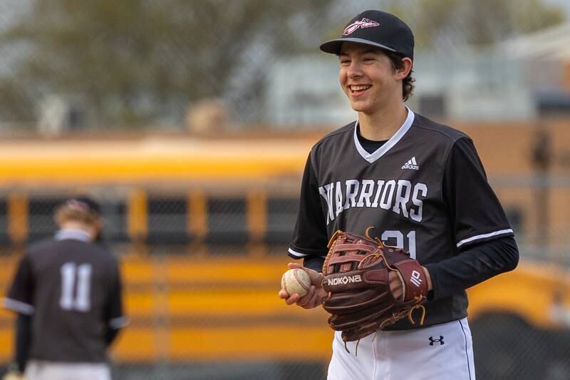 Reece Pelnarsh (21) of Woodland/Flanagan-Cornell smiles on Thursday, April 17, 2025 at Woodland High School in Streator.