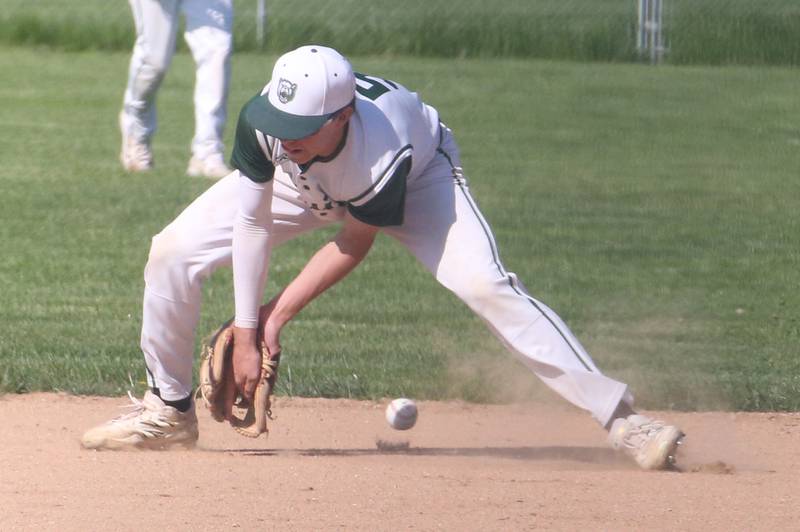St. Bede's Sturart McGunnigal misjudges a ground ball to cause the teams first error against Putnam County on Thursday, May 8, 2025 at St. Bede Academy.