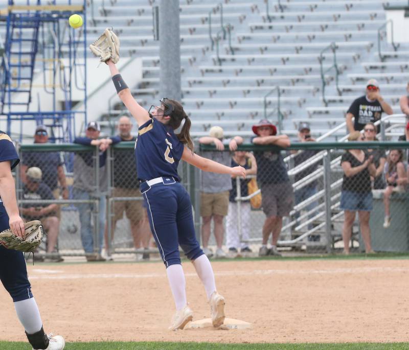 Marquette's Lindsey Kaufmann fails to catch the ball during the Class 1A Supersectional game on Monday, May 29, 2023 at Illinois Wesleyan University in Bloomington.