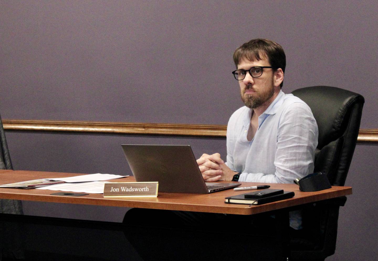 Jon Wadsworth listens as the Dixon Public Schools administration makes its recommendation for a spending plan during a budget hearing on Wednesday. During questions, Wadsworth asked how the district was getting the most of its federal COVID-19 recovery money.