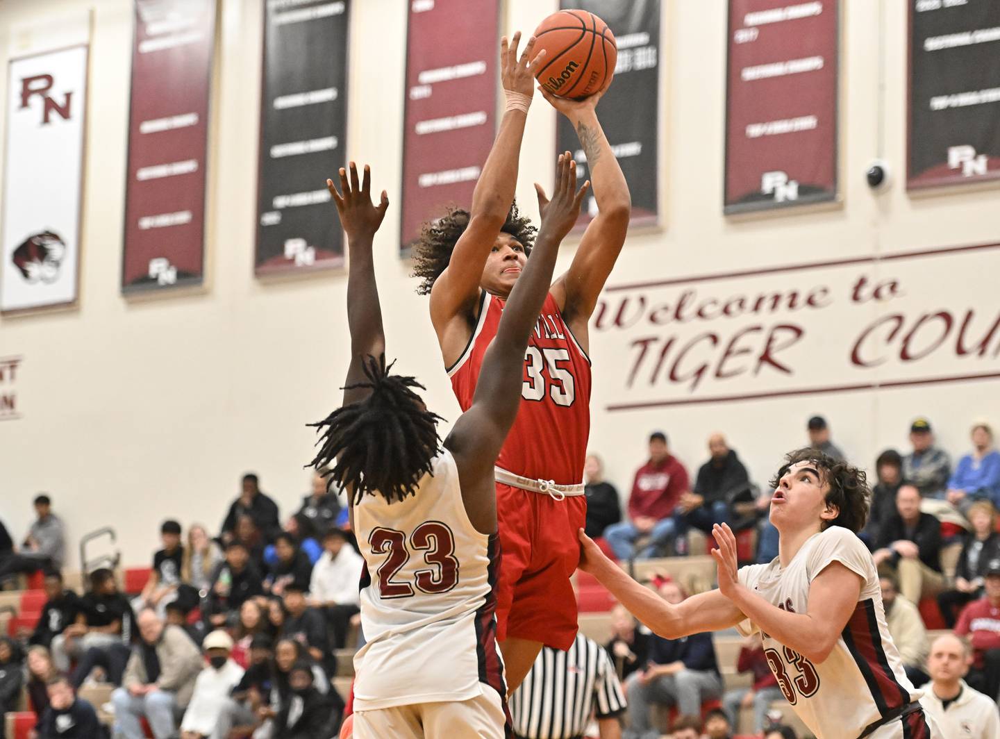 Yorkville's LeBaron Lee goes ups strong for a shot against Plainfield North on Friday, Jan. 27, 2023, at Plainfield.