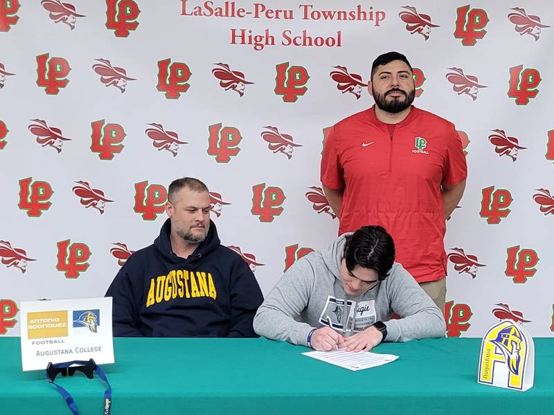 La Salle-Peru senior Antonio Rodriguez (seated, right) committed to play football at Augustana College. He was joined by his father, Brian (seated, left) and L-P coach Jose Medina. Rodriguez was NewsTribune All-Area and All-Kishwaukee River/Interstate 8 White Division as a senior. He had 73 tackles, 12 tackles for loss, two sacks and a fumble recovery as he helped the Cavaliers to a 5-5 record and a Class 5A playoff berth.
