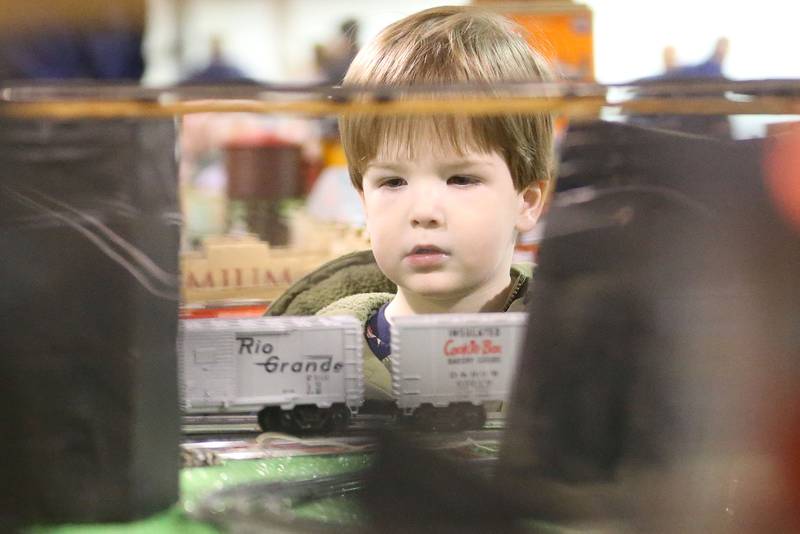 Russell Vaughn 3, of Chicago, stares at a Lionel O Gauge Model Train and Toy Show on Saturday, Feb. 14, 2026 at the Bureau County Fairgounds in Princeton.