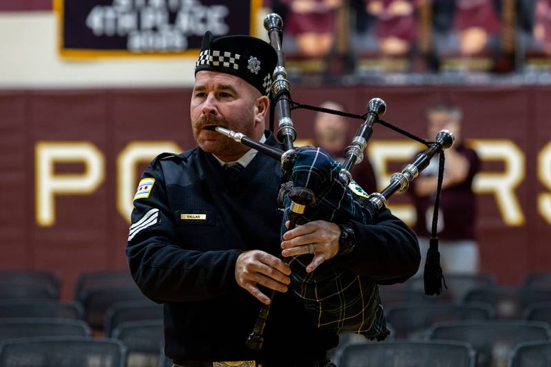 Tom Gallas plays the bagpipes during Lockport Township High School’s 11th Annual Veteran Night Celebration Ceremony on Jan. 23, 2026.
