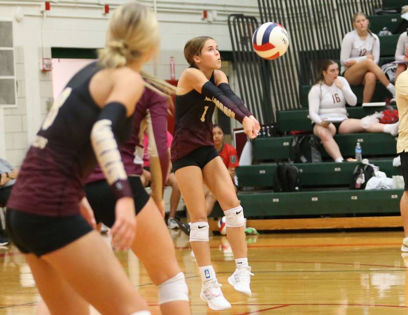 Morris's Cami Pfeifer returns a serve from L-P on Thursday, Oct. 10, 2024 in A.J. Sellett Gymnasium at L-P High School.