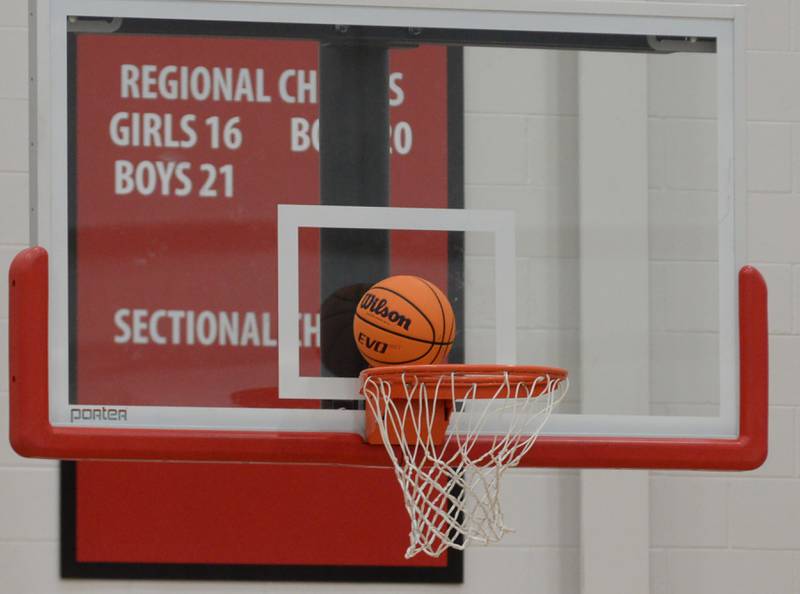 The basketball came to rest on the back of the rim during the Friday,  Jan. 17, 2025 game between Amboy and Fulton held at Amboy High School.
