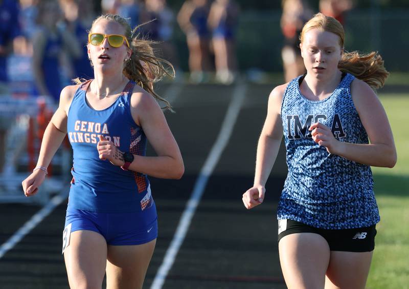 Genoa-Kingston’s Emma James crosses the finish line in the 3200 meter run Friday, May 15, 2026, during the Class 2A girls track sectional at Genoa-Kingston High School.