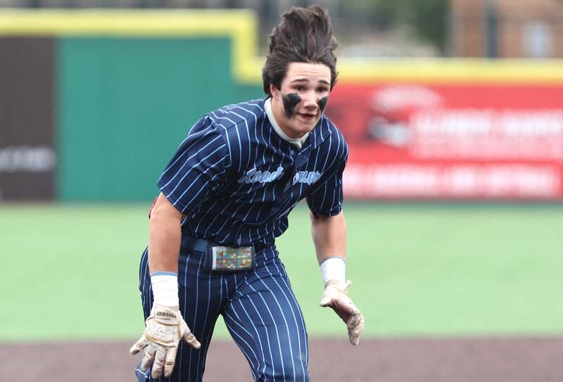 Nazareth's Jaden Fauske hustles to third Friday, June 10, 2022, during their IHSA Class 3A state semifinal game against Crystal Lake South at Duly Health and Care Field in Joliet.