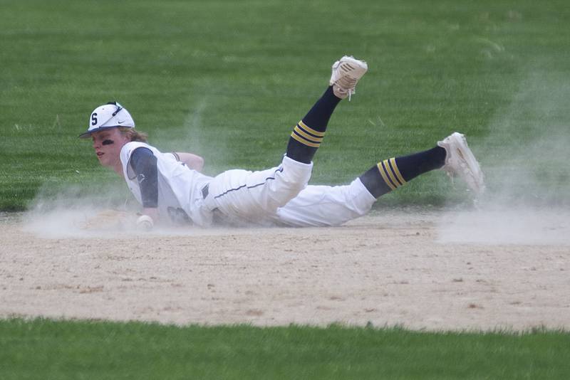 Sterling’s Ethan Janssen comes up just a bit late on a diving stop at second base Tuesday, May 17, 2022 against Dixon.