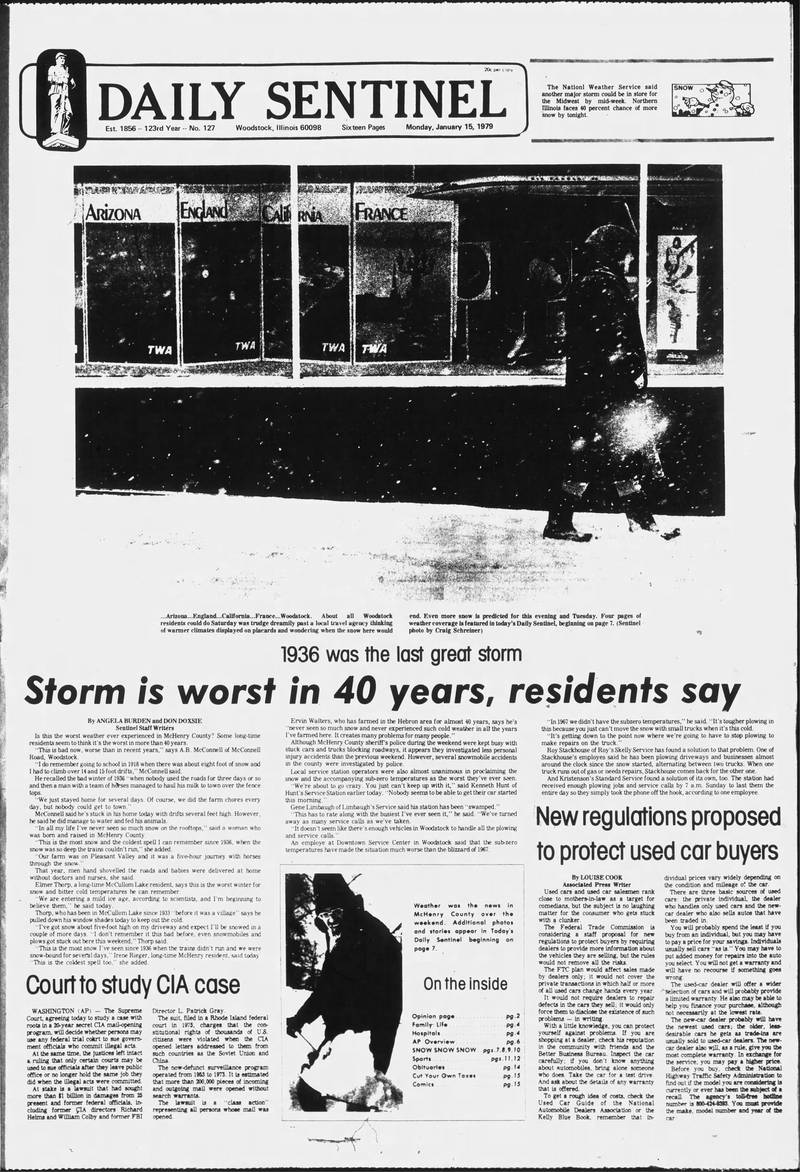 The cover of the Woodstock Daily Sentinel for Jan. 15, 1979