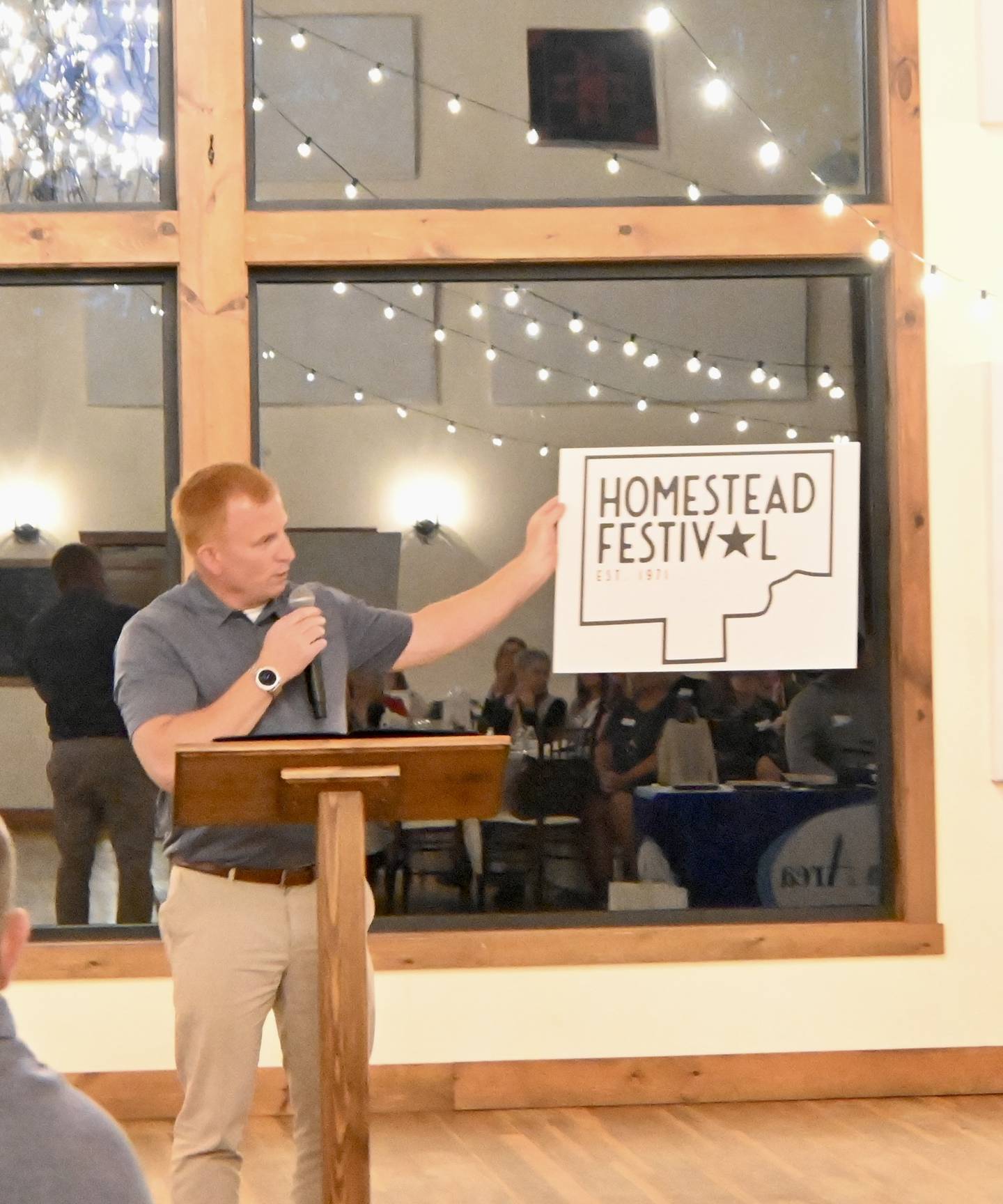 Eric May introduced the Homestead festival logo that will be used every year. It can change with the theme colors each year, but the symbol and design will be the same throughout the years, he said.