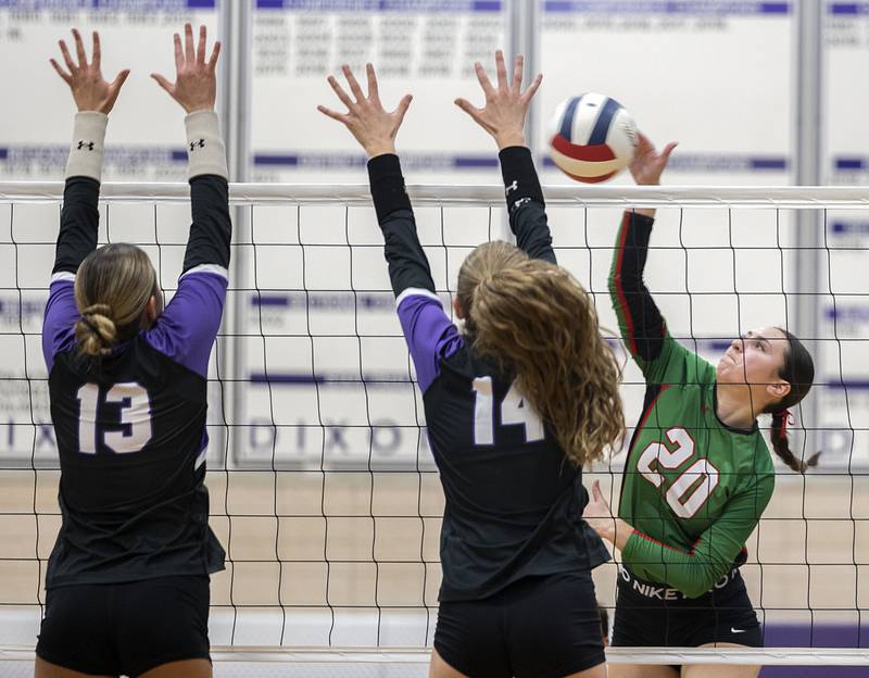 L-P’s Anna Riva hammers the ball against Dixon Tuesday, Oct. 29, 2024, at the class 3A regional semifinal in Dixon.