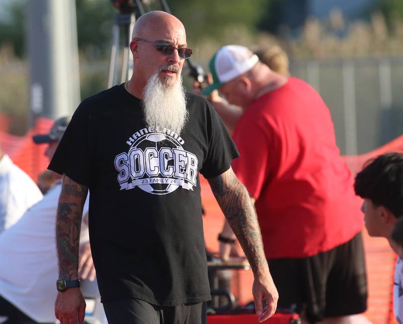 Kaneland head boys soccer coach Scott Parillo coaches his team against L-P on Monday, Aug. 28, 2023 at the L-P Athletic Complex in La Salle.