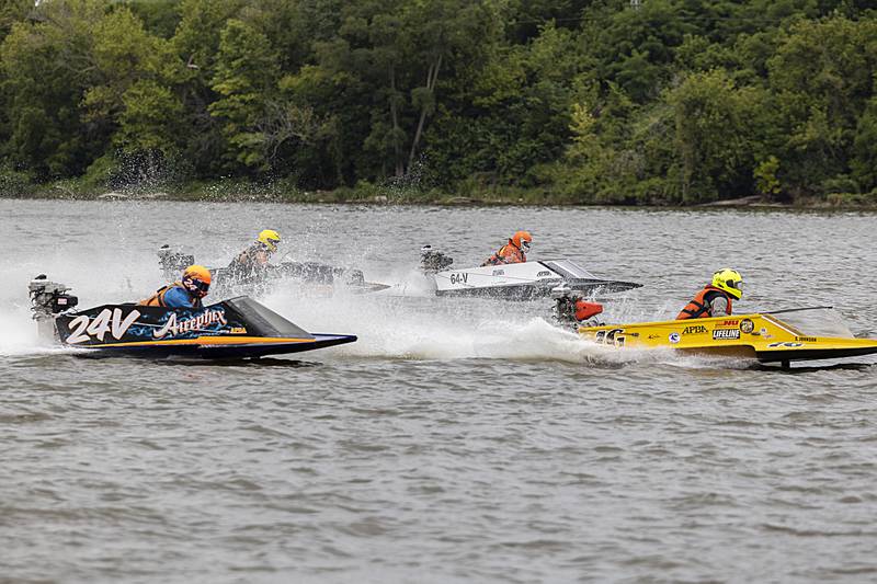 Racers hit the starting line in the first heat of a race Saturday, Aug. 17, 2024, in Rock Falls. Thirty-seven drivers brought different classes of boats to compete in the annual Rock Falls River Chase.